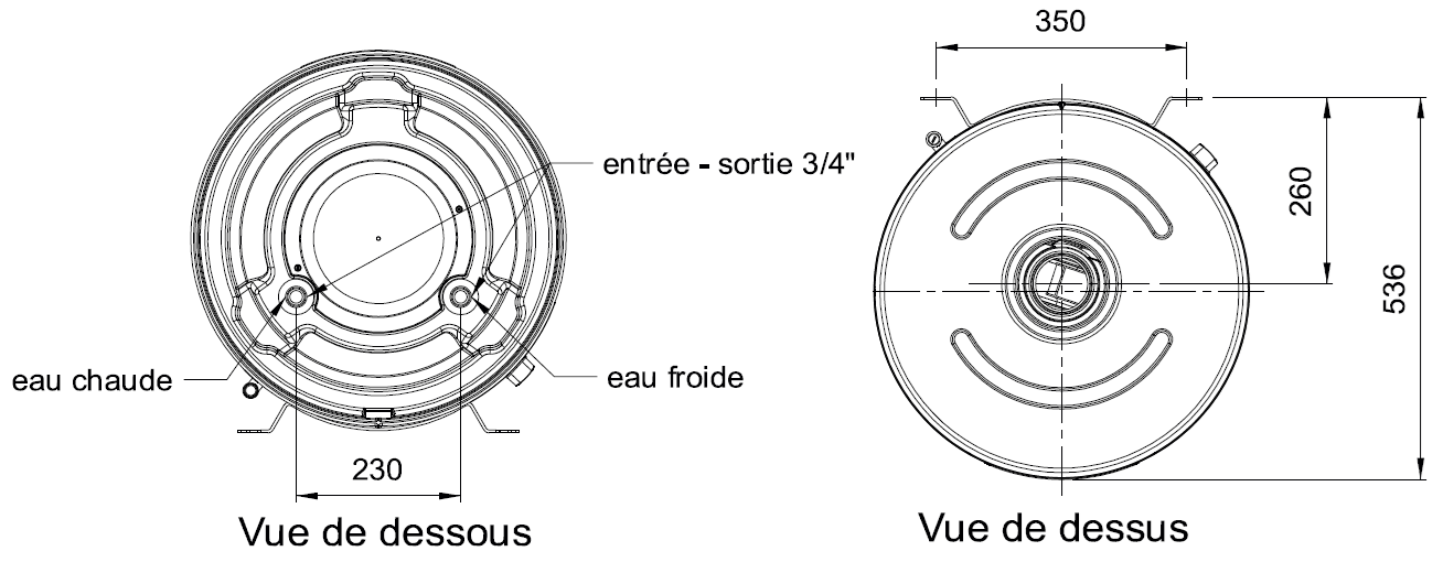 Dimensions vue du dessus et vue du dessous du chauffe-eau edel air vertical mural 100 et 150 litres